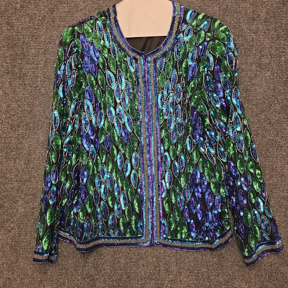Vtg‎ Laurence Kazar Jacket Womens Large Multicolor Silk Beaded Sequin Peacock